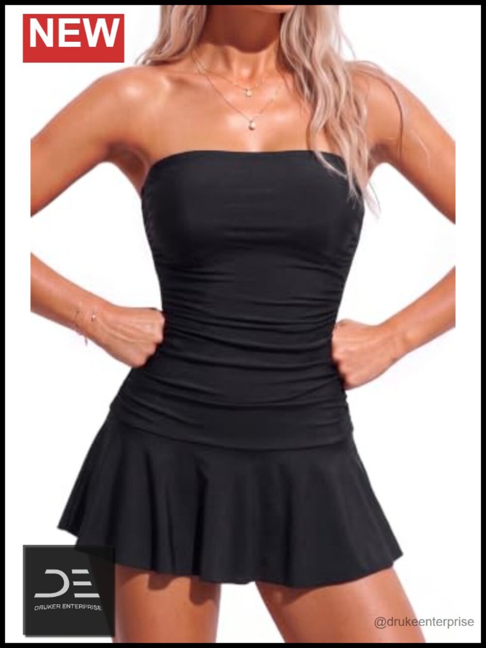 Strapless One Piece Swimdress with Tummy Control Skirted Swimsuits Removable